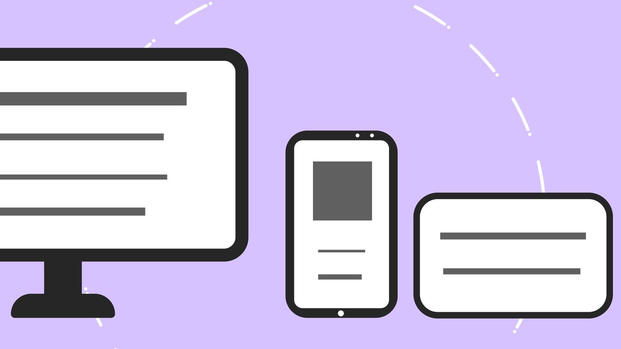 Icônes vectorielles représentant un téléphone moderne près d’un écran d’ordinateur et d’une carte de crédit, avec des lignes grises sur fond violet
